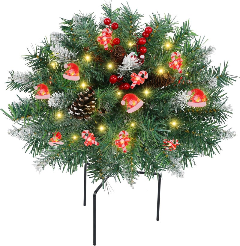 Dr.DuDu 15 Inch Outdoor Christmas Decorations Urn Filler for Front Porch- Lighted Christmas Pot Fillers with Stake, Xmas Pine Trees with Timer for Outside Home Décor - Image 1